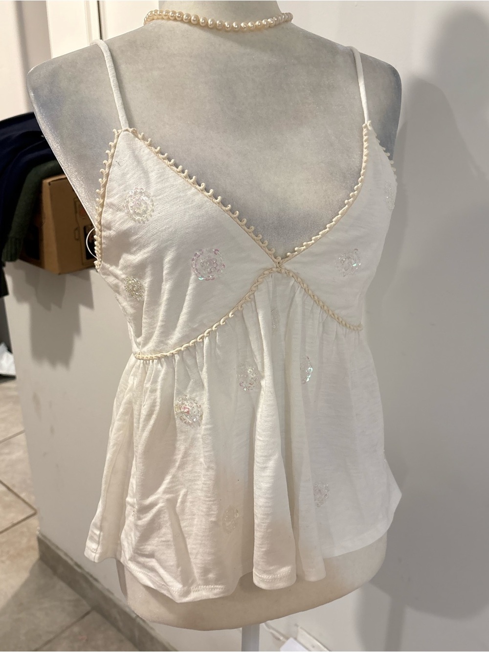 Sincerely Jules White Embellished Spaghetti Strap Peplum Camisole